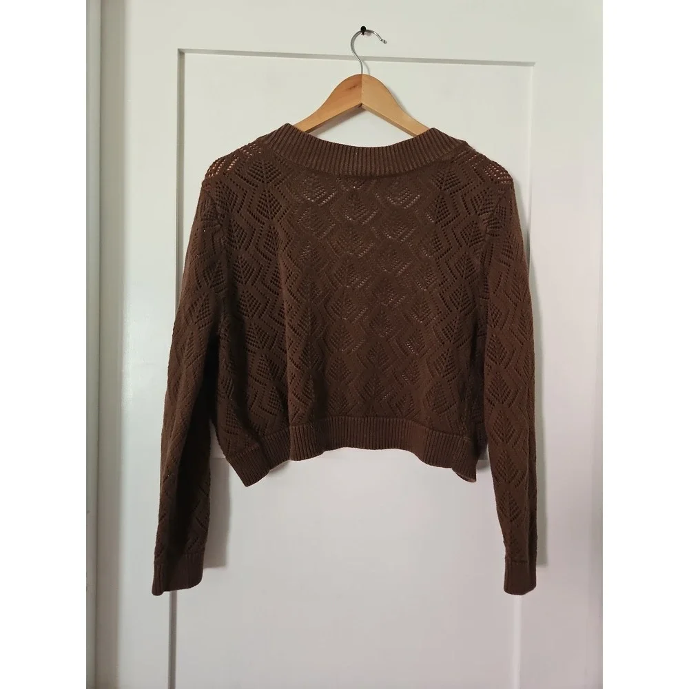 Worthington Cropped Cardigan Sweater XL Brown Open Front Pointelle Knit Cotton